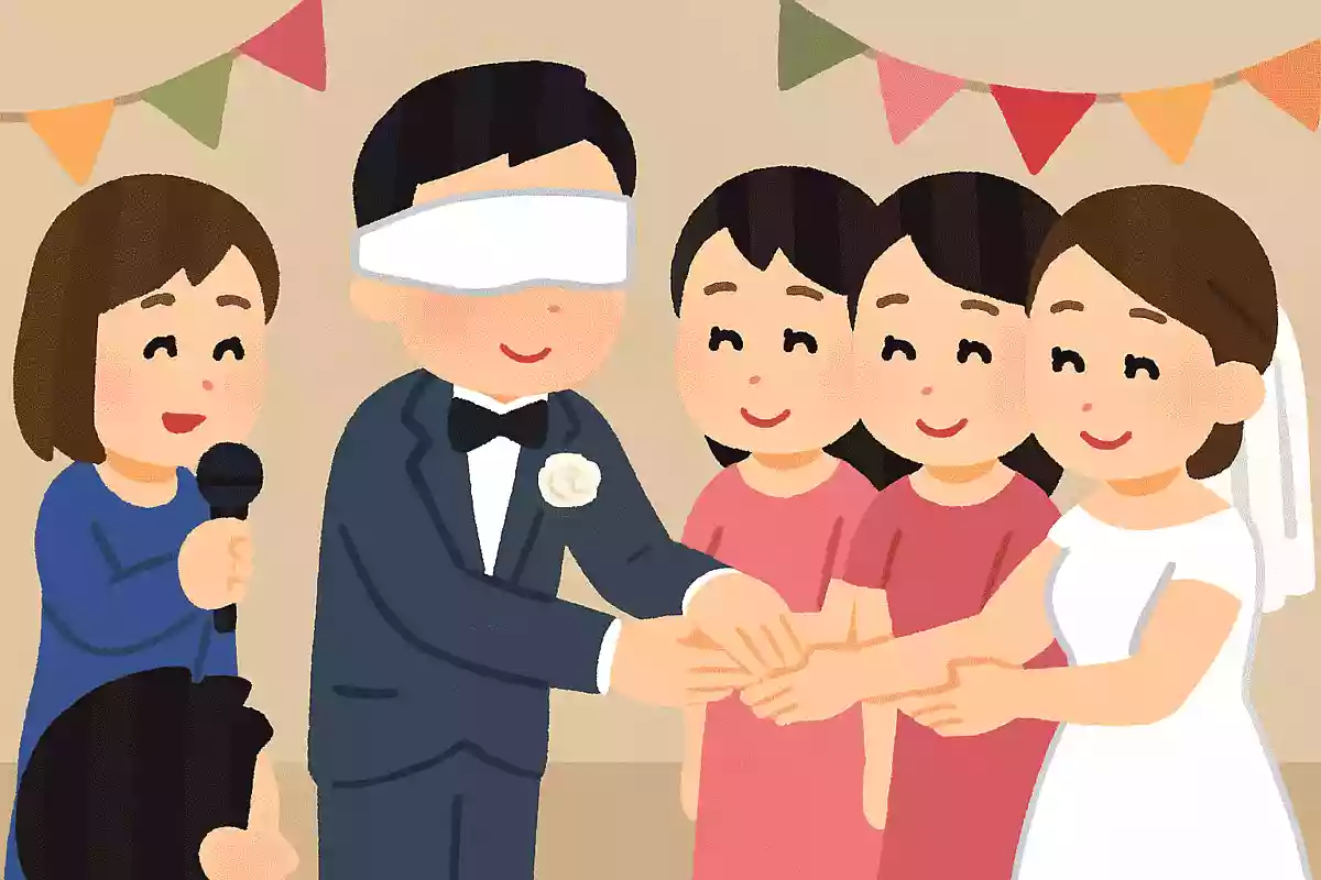 目隠しをして新郎は新婦の手を当てられるか